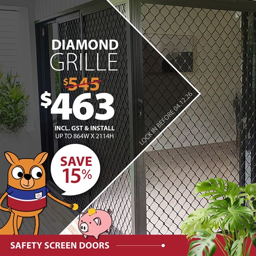 Diamond Grille safety screen doors, save 15%: $463 including GST and install, usually $545, for doors up to 864mm wide by 2114mm high. Lock in before 04.12.26.
